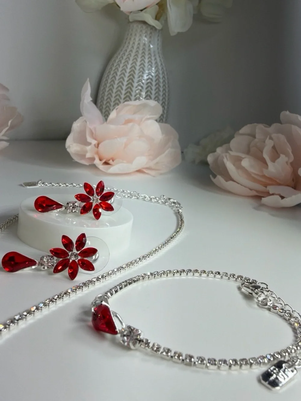 Elegant Red Crystal Floral Necklace & Earring Set - Women Jewelry